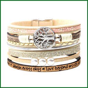 Genuine Leather Wrap Bracelet with Tree of Life Design, Buckle Closure